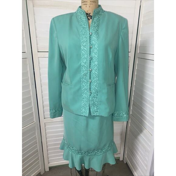 John Meyer Women’s 2 Piece Set Suit Jacket Skirt Sz 14 Green Pearl Rhinestone - Picture 1 of 13
